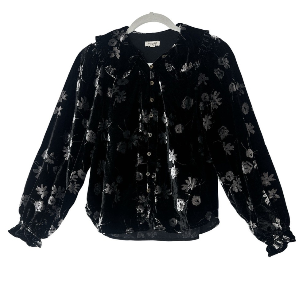 Pilcro By Anthropologie Top Women's XS Black Floral Velvet Long Sleeve Button - Picture 3 of 11